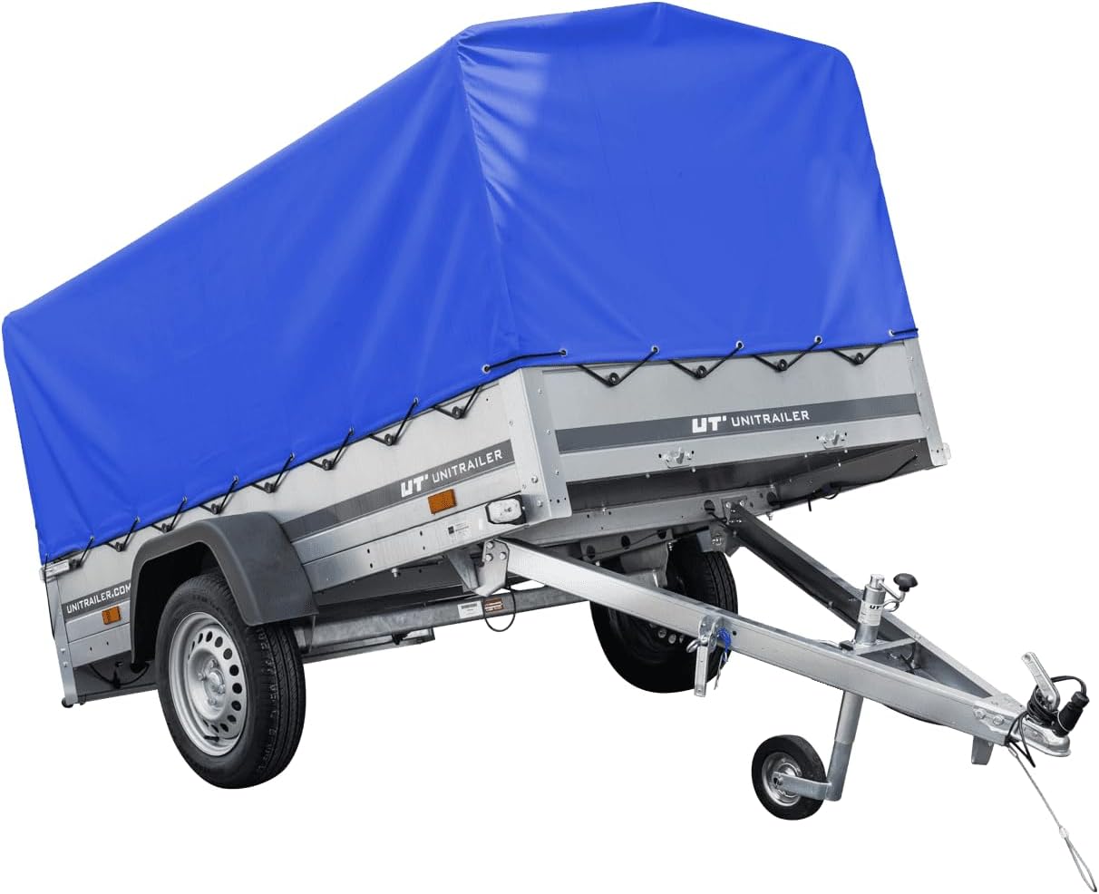 UNITRAILER Auto Anhänger 230x125 Garden Trailer 230 Kipp 750 kg mit Stützrad, Blauer Hochplane und Hochspriegel